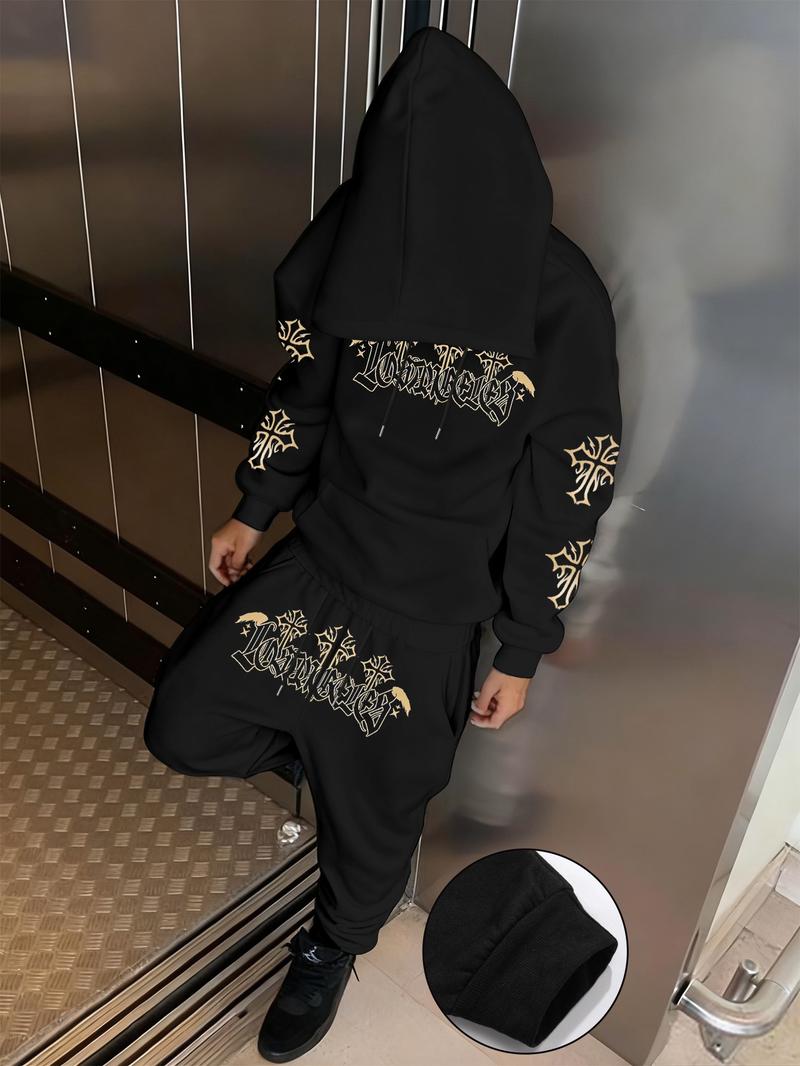 Men's Gothic Font Print Hoodie Set, Fitted Warm Winter, Street Style Jogger Pants, Comfortable No Match Needed