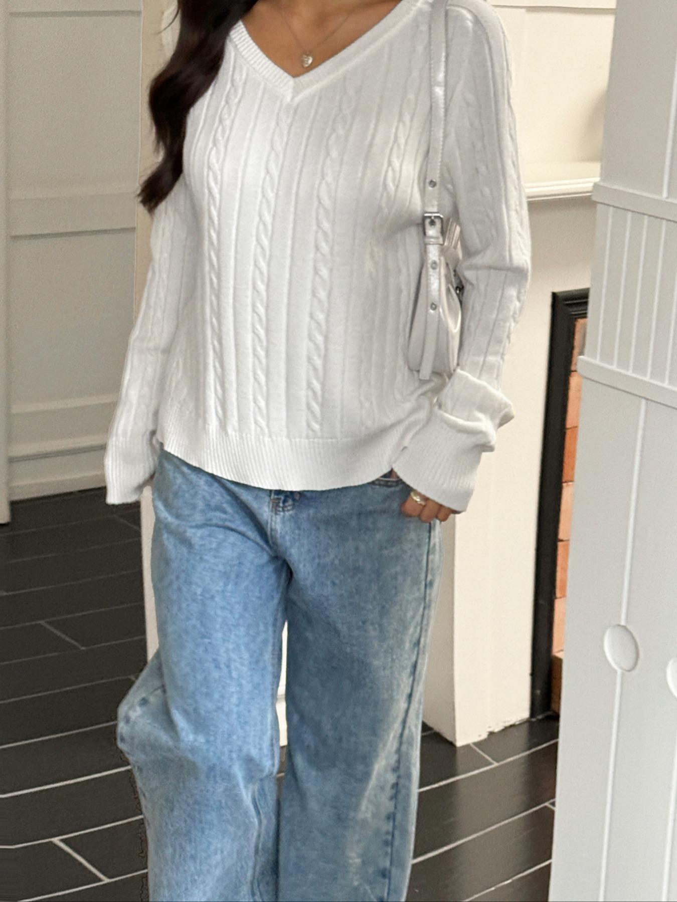 Women's V Neck Long Sleeve Sweater Knitwear, Casual Home Wear, Comfortable Fabric, Perfect for Winter, Knitted Pullover Top