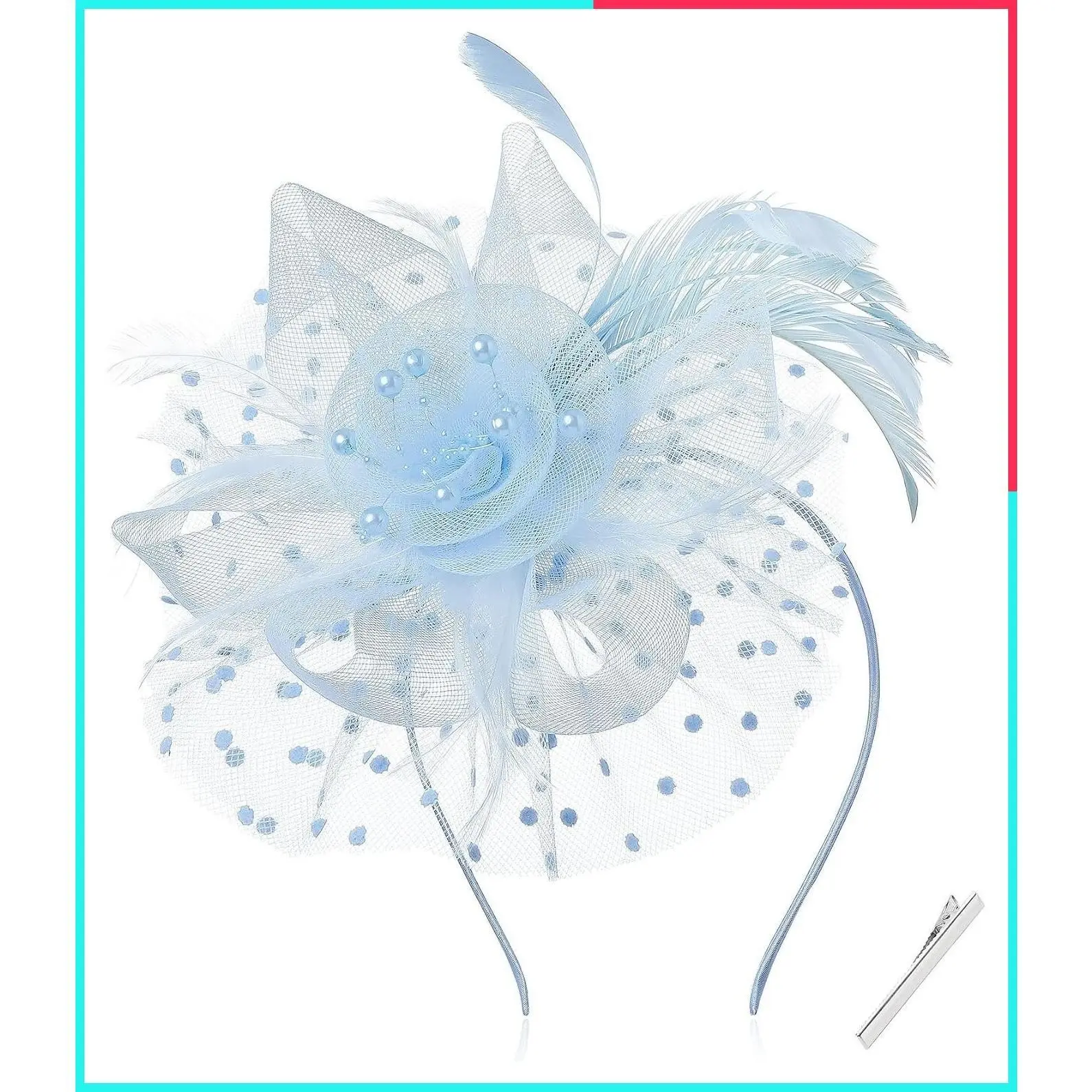 Women's Fascinator Hat with Flower, Tulle, Beads and Feather Detail, Hair Clip & Bendable Headband for Tea Party, Wedding, Church, Easter