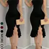 1 Piece Off Shoulder Rhinestone Trim Side Slit Ruffle Hem Midi Bodycon Embellished Prom Gown Party Dress No Necklace