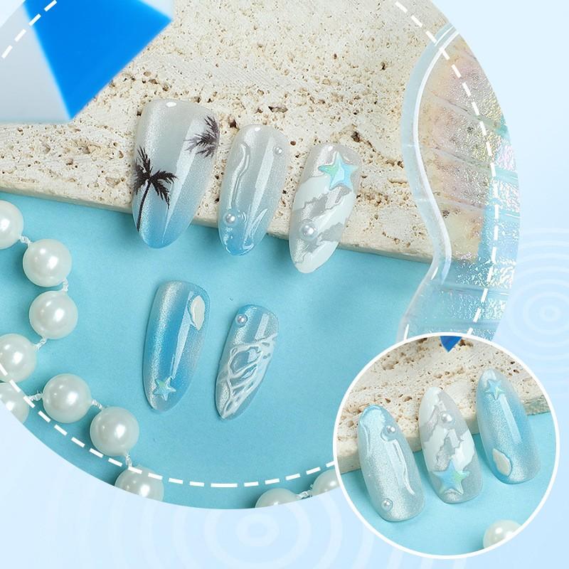 Summer Island Style Blue Cat Eye Nail Tips, 3D Starfish Shell Palm Decor, Transparent Gradient Wave Pattern, Medium-Length Almond Nails