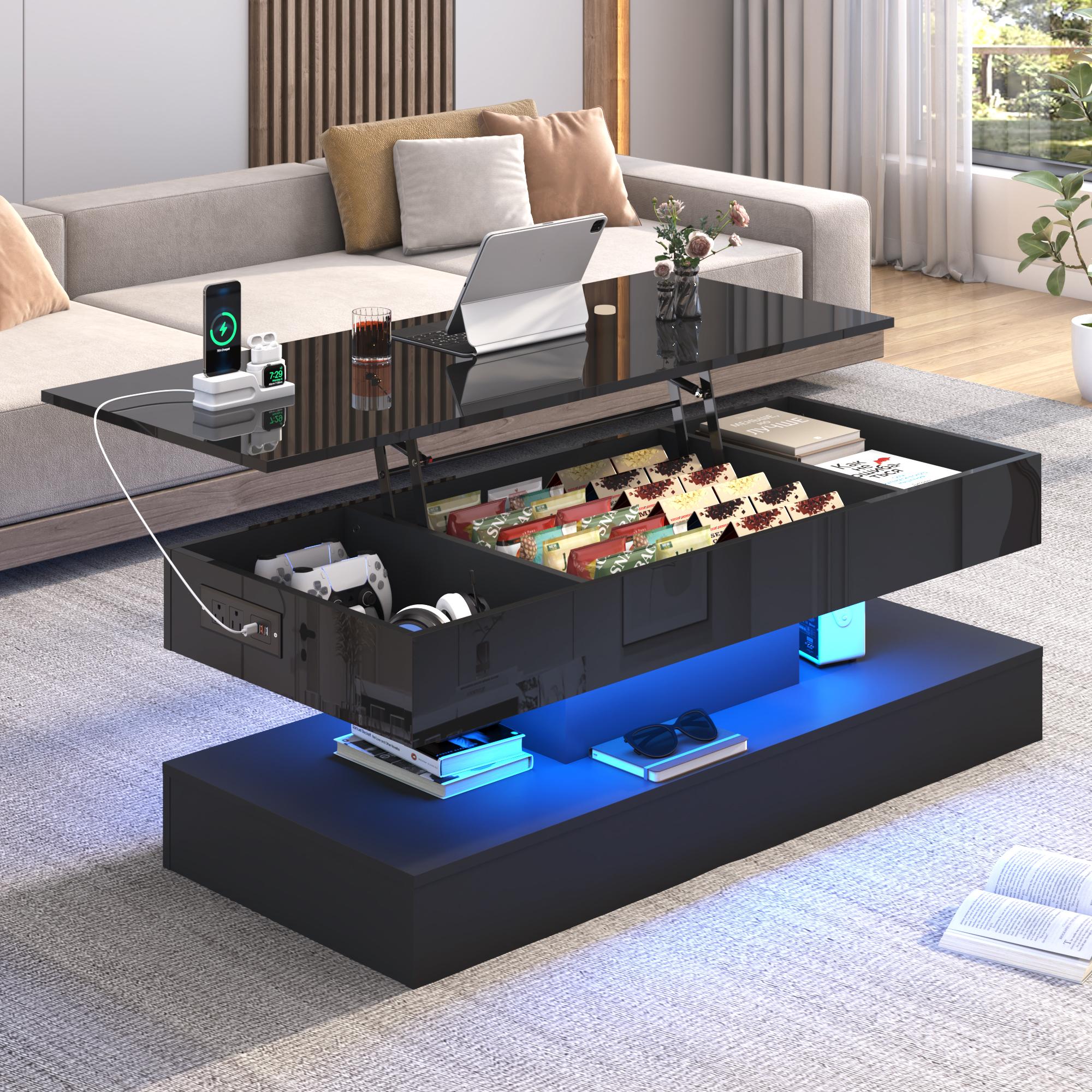 39.4"/47.2" Large Lift Top Coffee Table,Modern High Glossy LED Coffee Tables for Living Room with Storage,Black Living Room Tables for Living Room,Dining Room,Bedroom Home Office,APP LED Lights（Black/white）