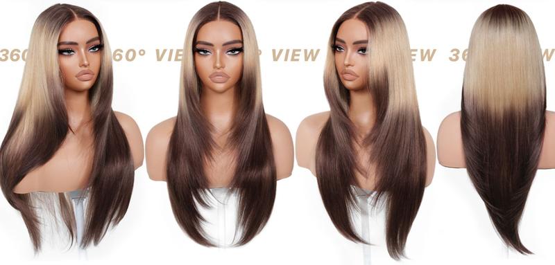 BrownBomb Wear and Go Layered Straight Synthetic Wig Glueless Pre Cut Lace Pre Plucked 26 Inch and Face Framing Bangs T Lace Perfect Middle Part Heat Resistant Fiber Realistic Wig for Daily Wear Parties Dating