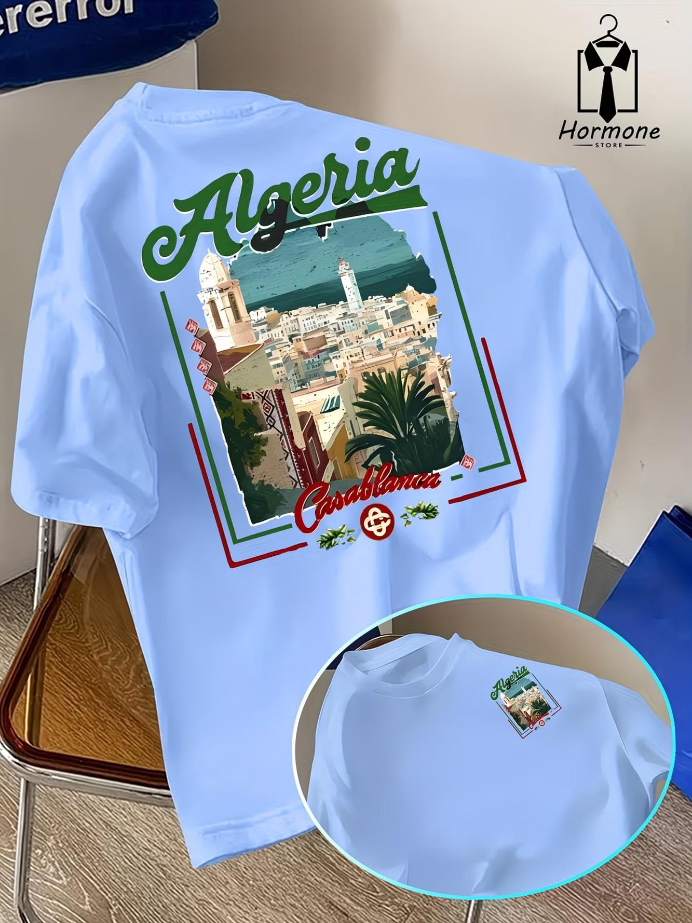 Men's Short Sleeve T-Shirt, Polyester Fabric, Casablanca Cityscape Print, Casual Slim Fit, Fashion Round Neck, Ideal for Spring Summer Outdoor Wear