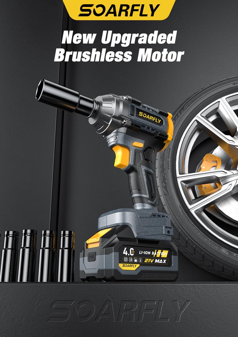 SOARFLY 3-in-1 Multi-Purpose 680NM (510FT-LBS) Cordless lmpact Wrench, 2x 4.0Ah Batteries, Fast Charger, 6 Screwdriver Bit, 8 Drill Bit, 6 Sockets SOARFLY 3-in-1 Multi-Purpose 680NM (510FT-LBS) Cordless lmpact Wrench, 2x 4.0Ah Batteries, Fast Charger, 6 Screwdriver Bit, 8 Drill Bit, 6 Sockets