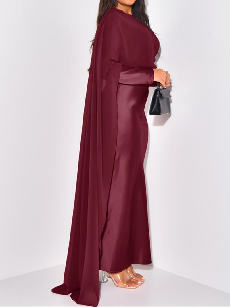 Pure Color Elegant Fashion One-Shoulder Cape Long Sleeve Dress, Fitted Style, Plain Pattern, Long Dress Length, Women's Clothing