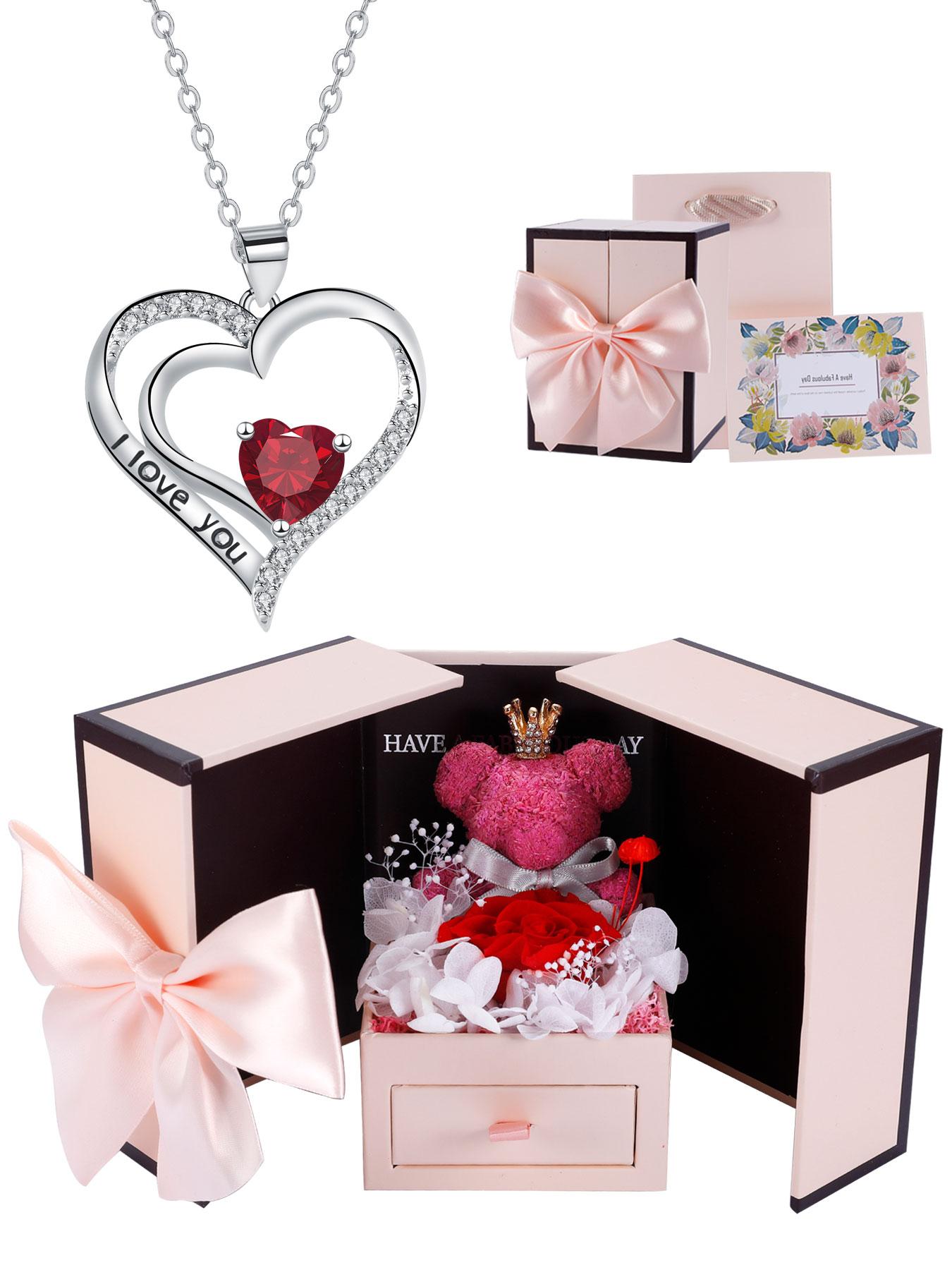 Heart Shaped Cz Birthstone Necklace, I Love You Pendant, Mos Bear Rose Jewelry Gift Box, Girlfriend Birthday Anniversary Present, Exquisite Jewelry Gift