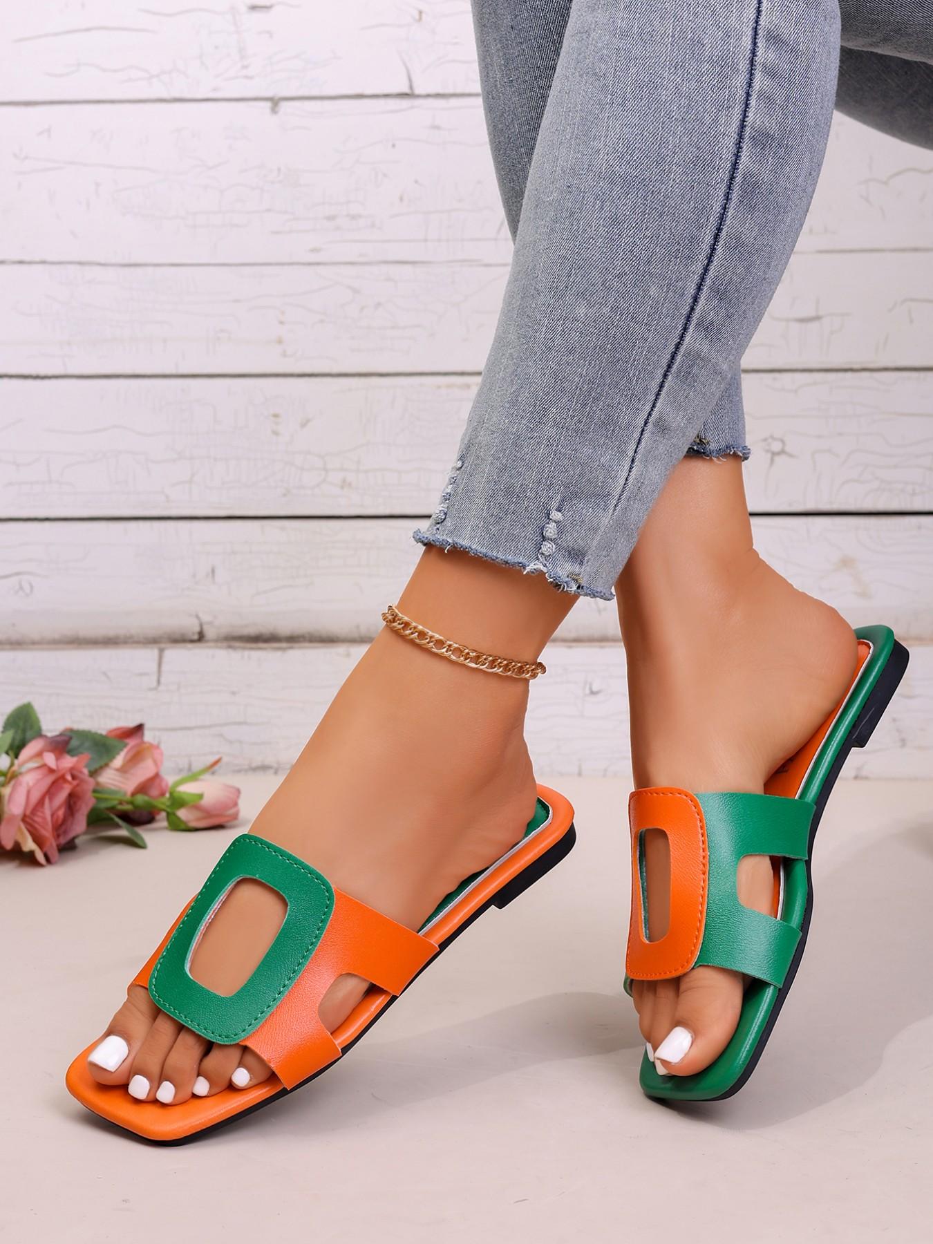 Orange-green contrast square head flat bottom dopamine wind French wind hollow square buckle design ladies sandals vitality orange-green collision dopamine bright square buckle hollow exquisite French romance suitable for holiday dating street shooting.