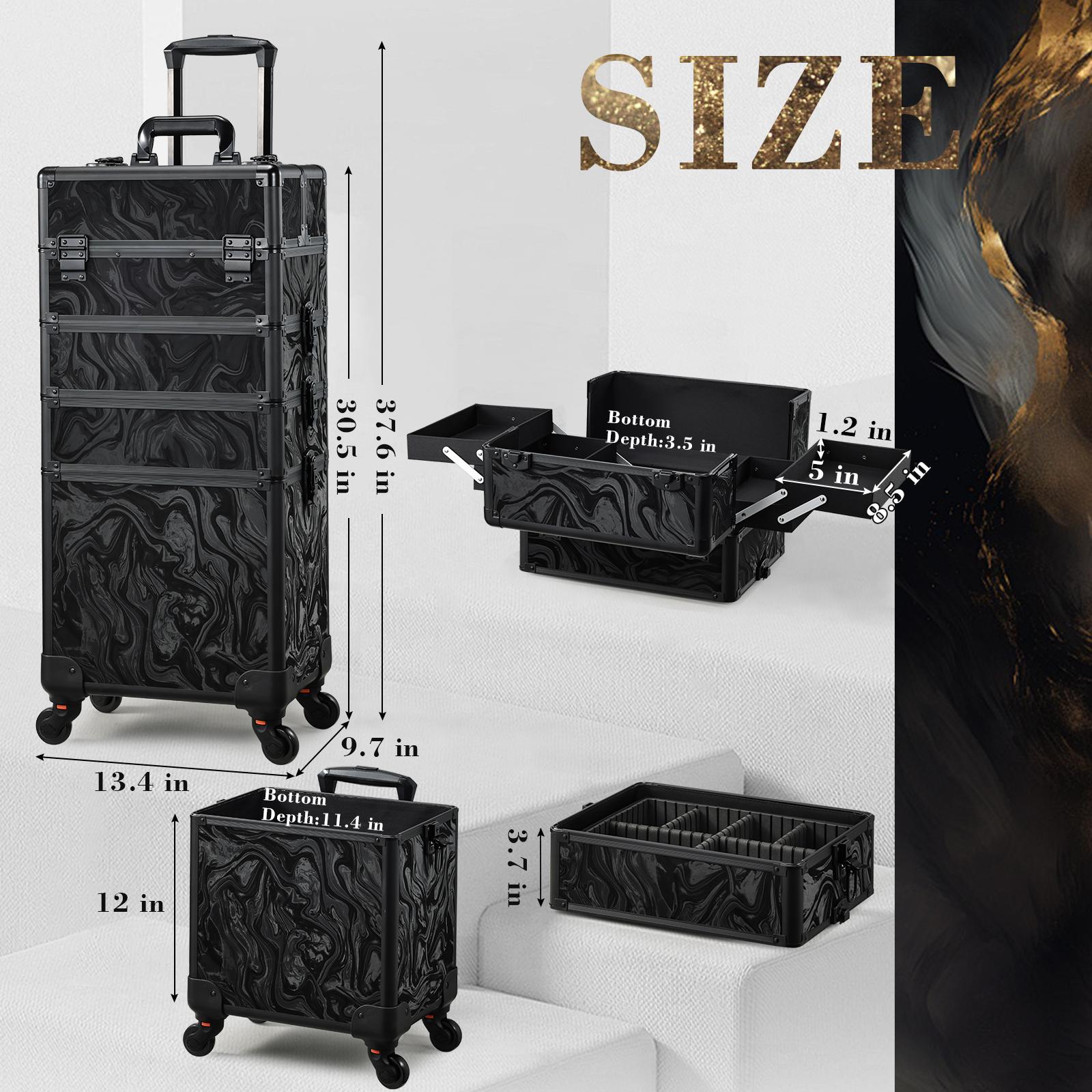 Joligrace 4 in 1 Rolling Makeup Train Case Large Cosmetic Trolley Box with Key Swivel Wheels Salon Barber Case