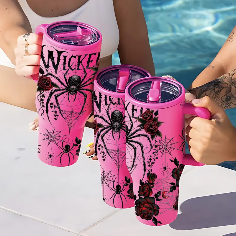 1‑Piece 40oz Insulated Mug, Double Wall Leak‑Proof Large Handle Thermal Cup, Keeps Hot 12 Hours and Cold 24 Hours, Dark Gothic Print Gift for Women and Men, Halloween Holiday, Office Travel Daily Use, Drinkware