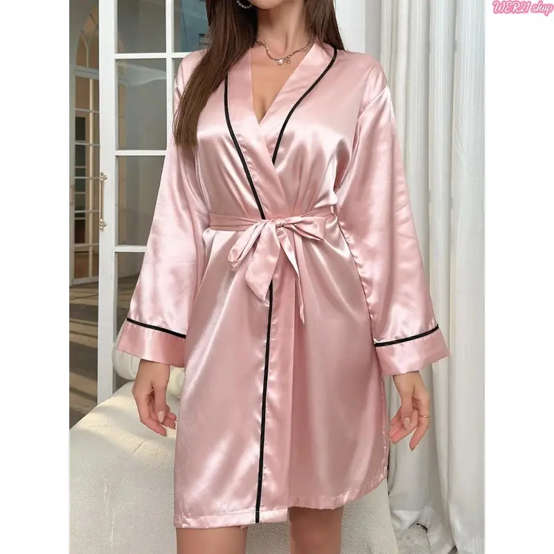 Women's Ice Silk Belted Kimono Robe with Contrast Binding, Lightweight Silky Dressing Gown, Elegant Bridal Loungewear Sleepwear, Ideal for Wedding, Bridal Party, Honeymoon & Daily Indoor Relaxation