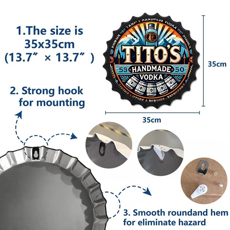 [Retro Bar Wall Decor] Vintage Metal Sign - 13.7" Beer Bottle Cap Retro Wall Decor | Black and Blue Border for Bar, Pub, Man Cave & Kitchen