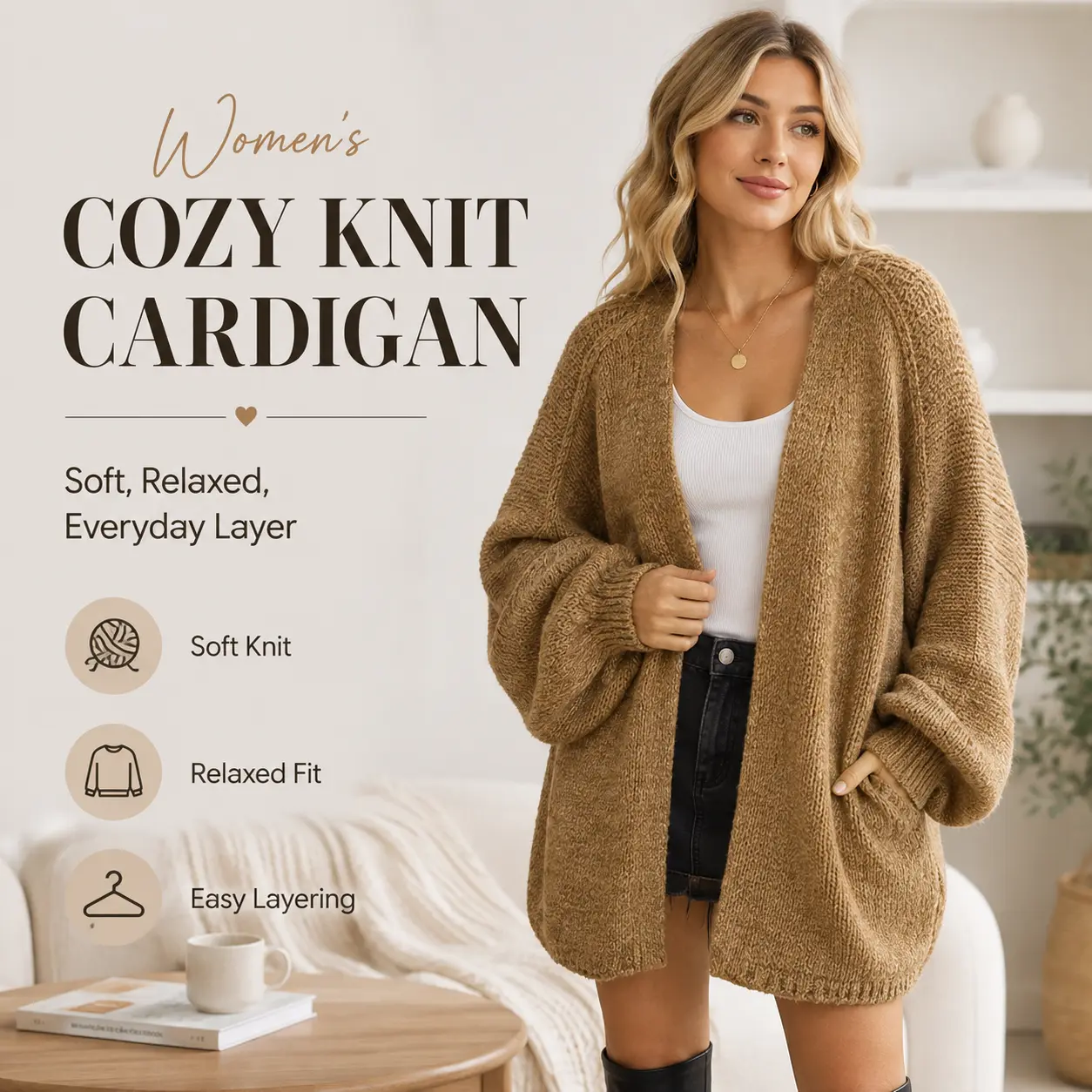 Women's Oversized Round Neck Cardigan - Fall Relaxed Fit Long Lantern Sleeve Open Front Lightweight Knitwear Top #DealsForYouDays, Round Neck Sweater
