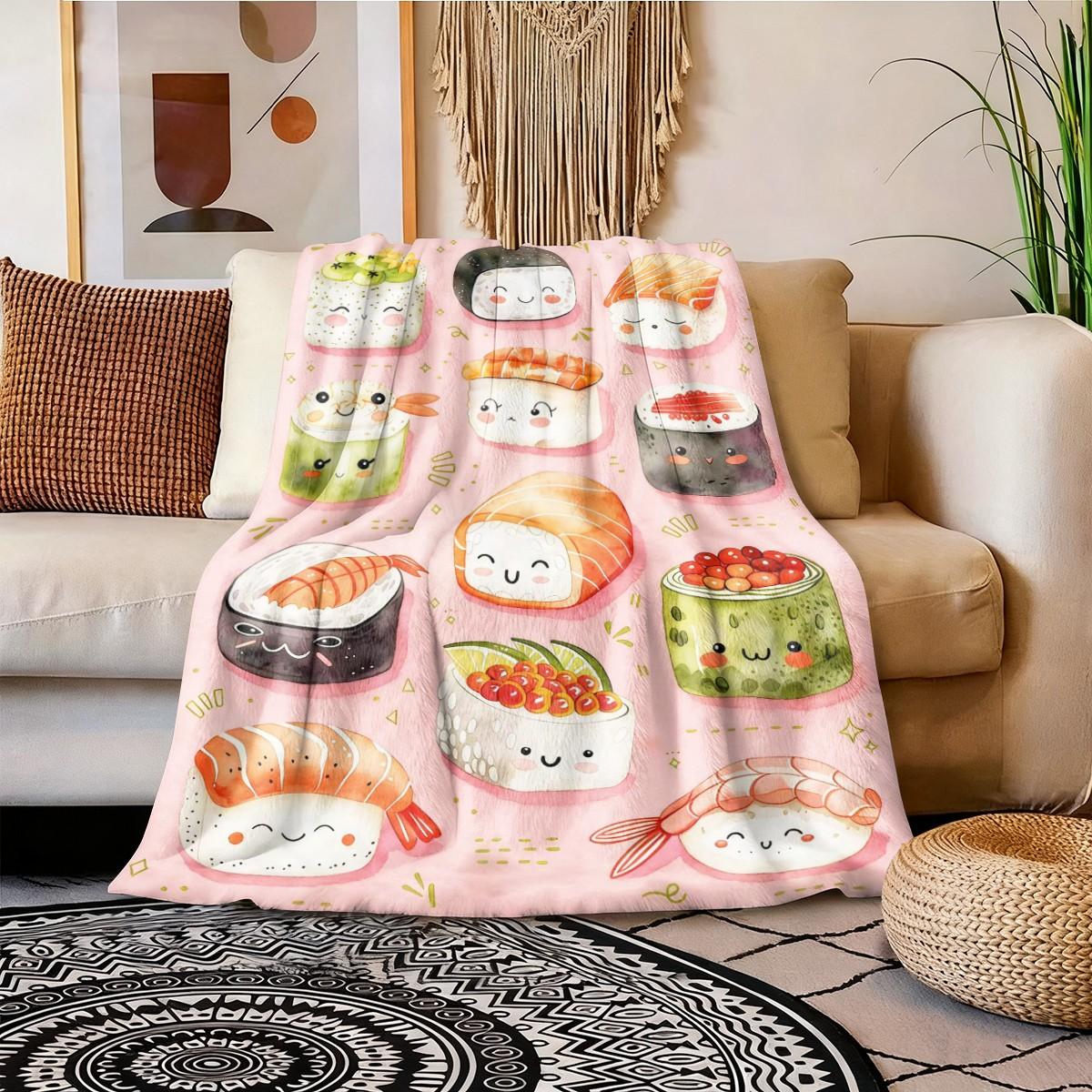 Cute Sushi Pattern Flannel Blanket, Soft Skin-Friendly Warm, Easy to Store, Multi-Scene Home Office Travel Throw, Suitable for Sushi Lovers
