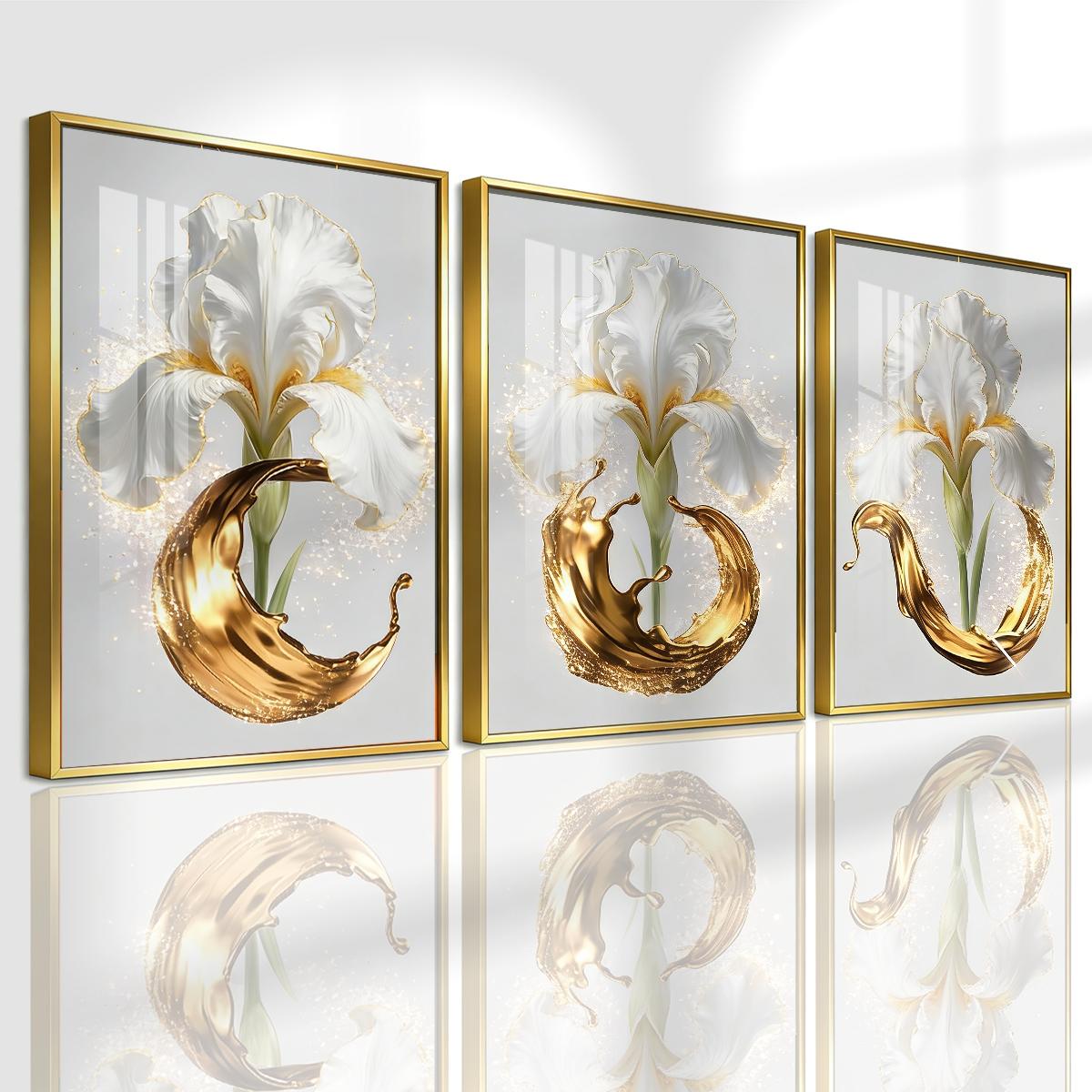 3 Counts Aluminum Alloy Framed Painting, Elegant White Iris And Golden Splash Art Pictures, Home Decoration For Living Room, Bedroom, Office, Restaurant, Hallway Wall Decor, Odorless Print Artwork, Luxury Perfect Gift For Friends And Family