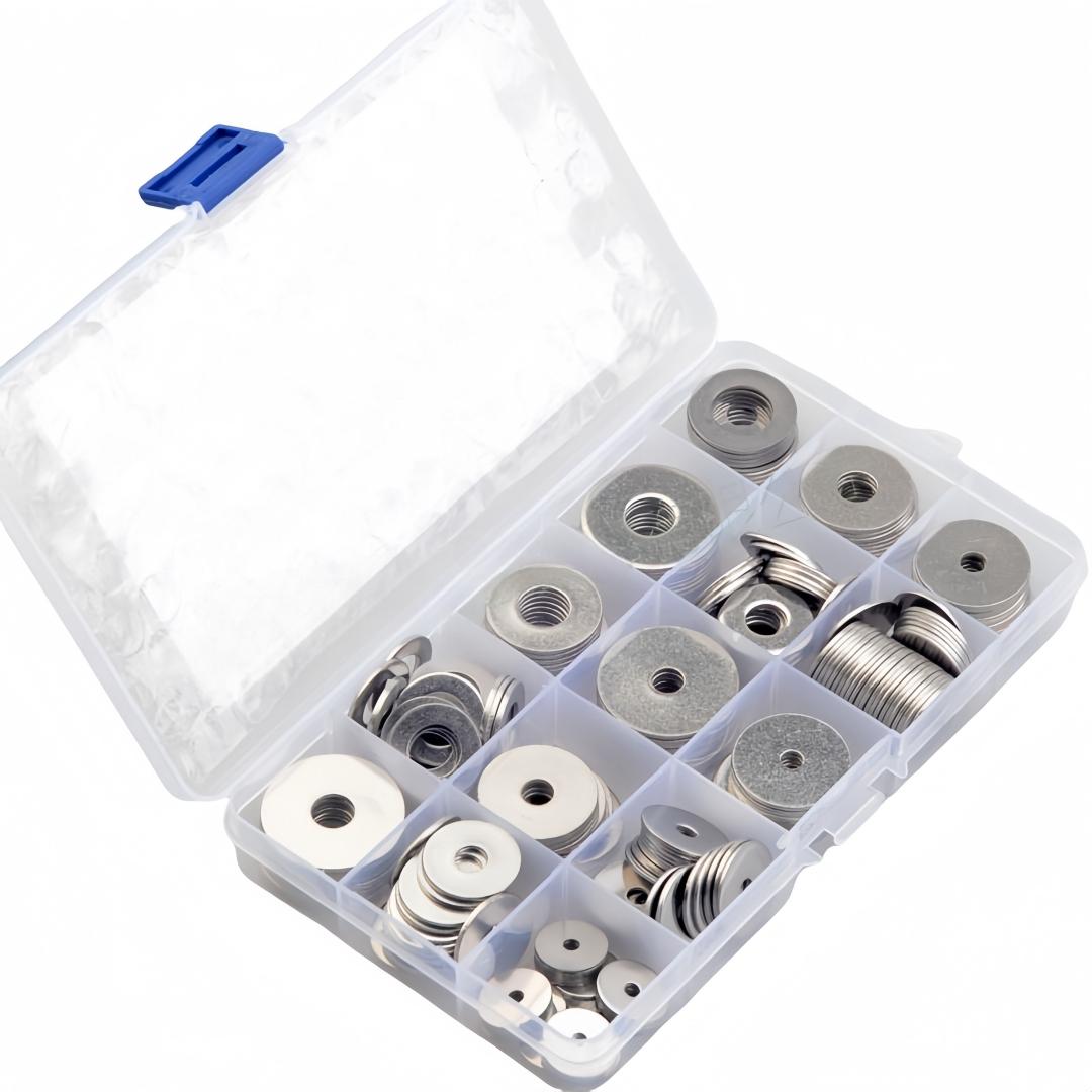 Stainless Steel Flat Washer, Mixed Size Flat Washer Set, Durable and Sturdy Flat Washer Assortment Kit for Home and Industrial Use, Heavy Duty