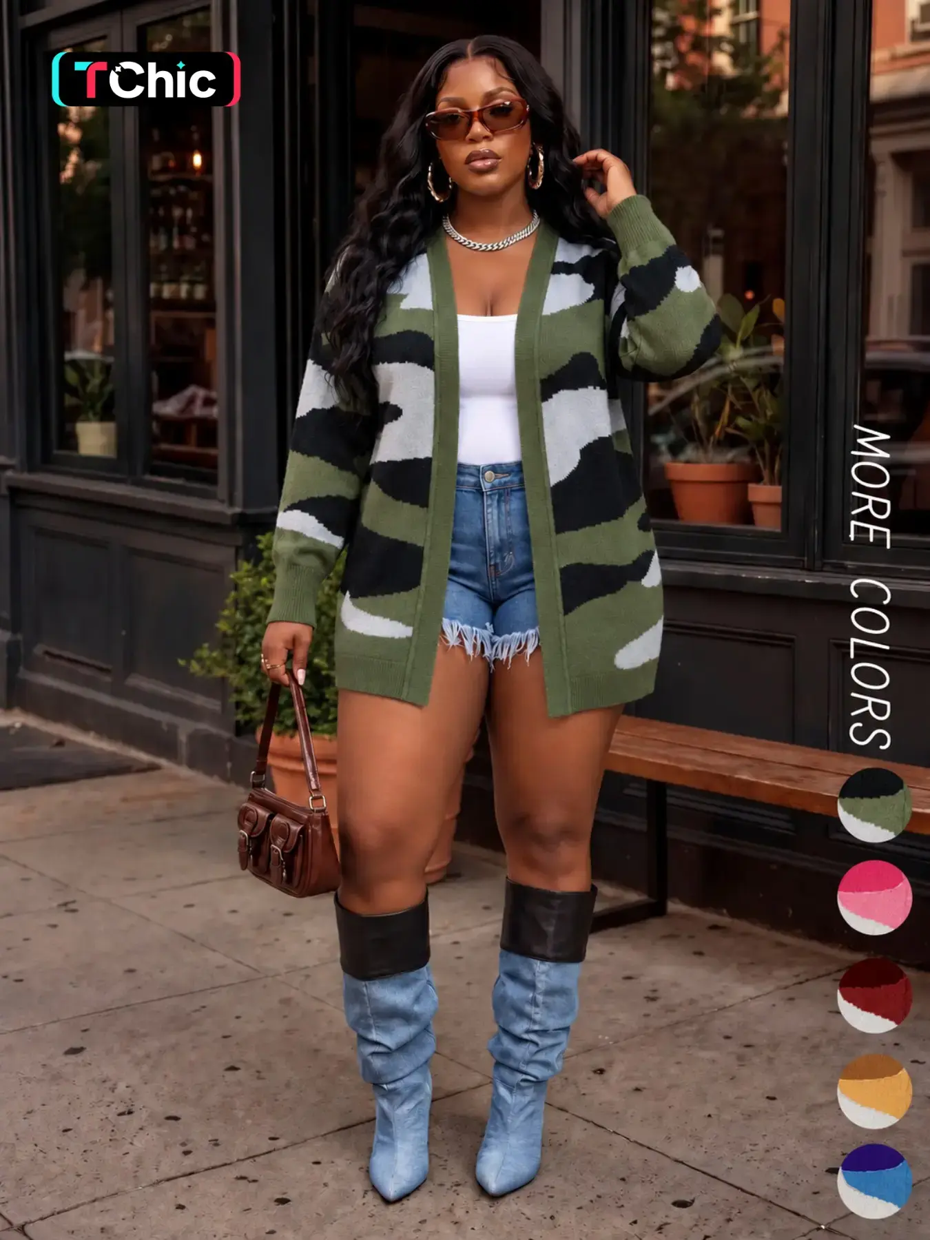 Women's Camo Print Open Front Cardigan, Loose, Casual Long Sleeve Drop Shoulder Knit Outerwear, Ladies Fall & Winter Clothes, Women Fall Outfit, Colorblock Midi Cardigan Sweater, Camouflage, Knitwear, Womenswear