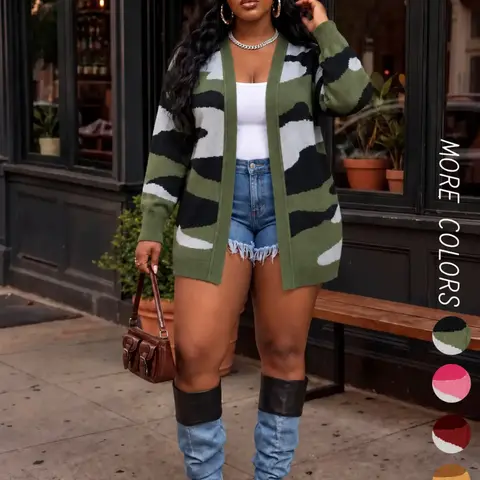 Women's Camo Print Open Front Cardigan, Loose, Casual Long Sleeve Drop Shoulder Knit Outerwear, Ladies Fall & Winter Clothes, Women Fall Outfit, Colorblock Midi Cardigan Sweater, Camouflage, Knitwear, Womenswear