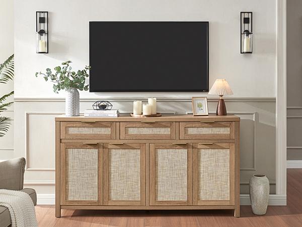 PieDle Furniture Rattan Sideboard Buffet Cabinet, Boho Storage Cabinet with Adjustable Shelves, Farmhouse Credenza Coffee Bar Cabinets with 4 Doors & 3 Drawers for Living Room, Hallway & Kitchen