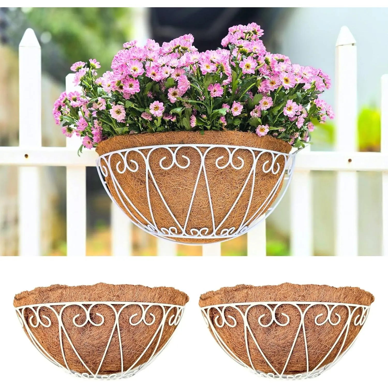 Outdoor Wall Planters (2 Pack, 16 Inch) White Metal Wall Mounted Hanging Basket with Coco Liner, Large Flower Pot Plant Holder Planter for Fence Railing Deck Porch Balcony Modern Home Decor