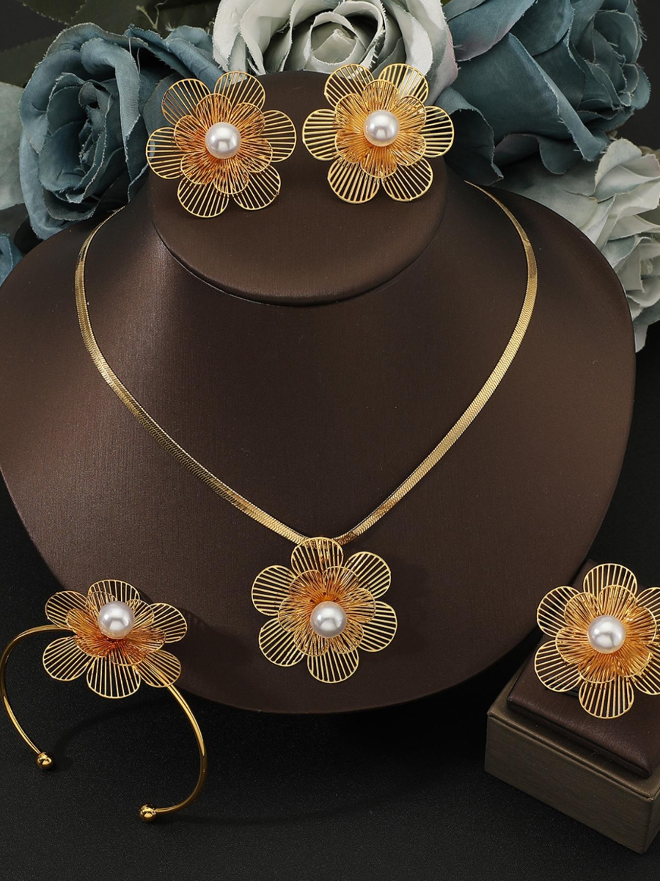 5 Piece Hollow Flower Pearl Stainless Steel Jewelry Set, Women's Wedding Party Luxury Gift, Casual All Seasons Accessories