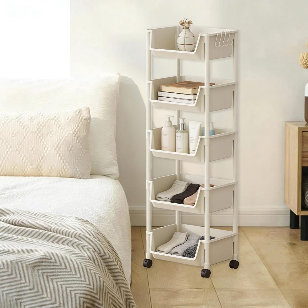 Large Five-Tier Multi-Functional Plastic Storage Cart with Wheels, Durable Sturdy Rack, Layered Organizer for Bedroom Kitchen Bathroom Living Room, Portable and Mobile