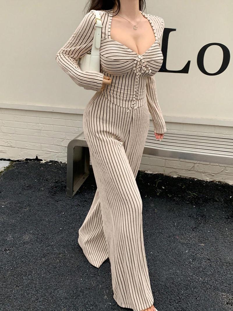 Sexy Twist Hem Asymmetrical Long Sleeve Top & Wide Leg Pants Set, Casual Loungewear Set, Striped Jacquard Fabric, Fashionable Young Girls, Fall Winter New Women's Clothing