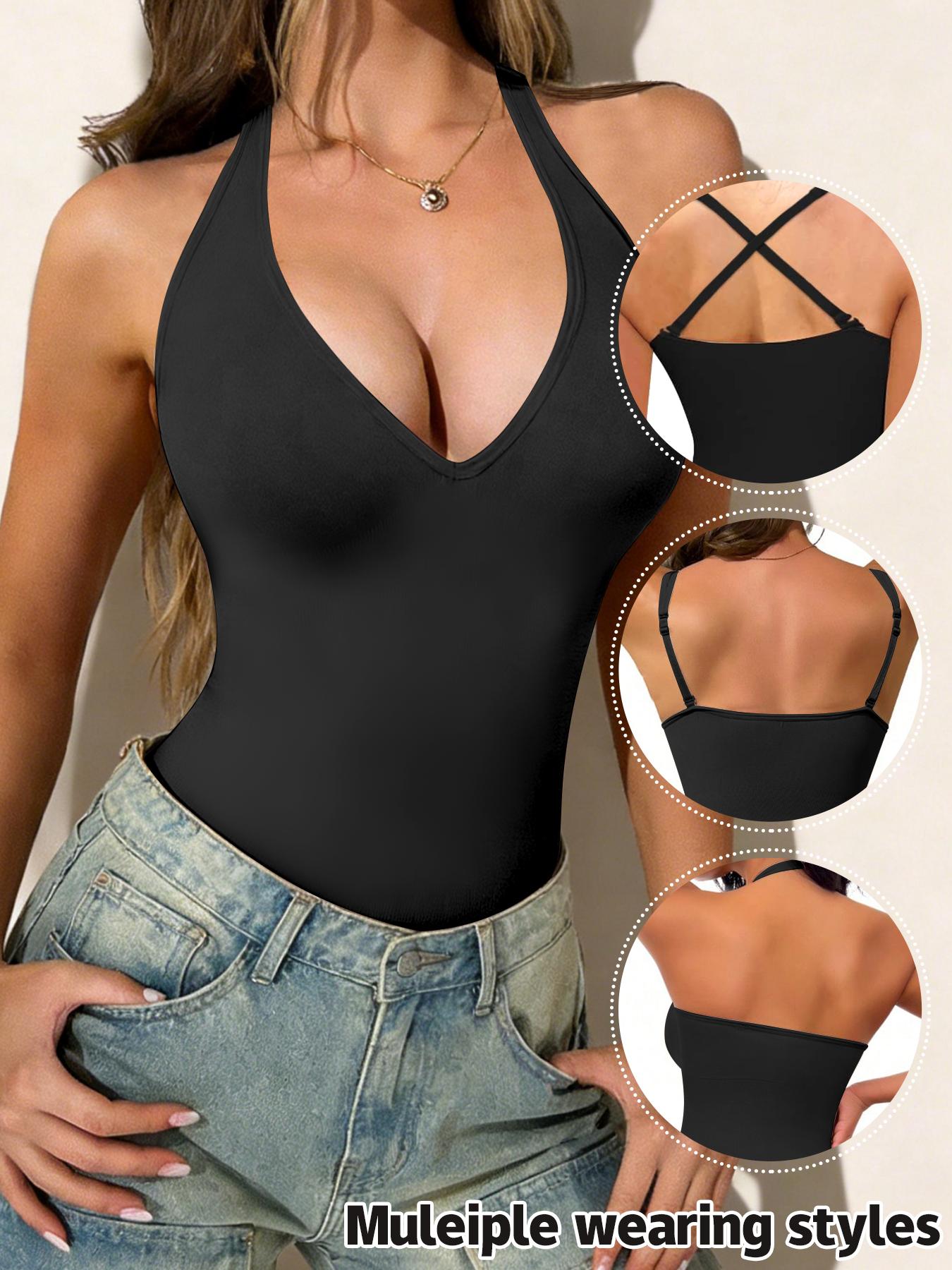 Women's Halter Neck Deep V Tummy Control Crisscross Halter Shapewear Tank Top Sexy Removable Straps Slim Fit For Dailywear All Seasons