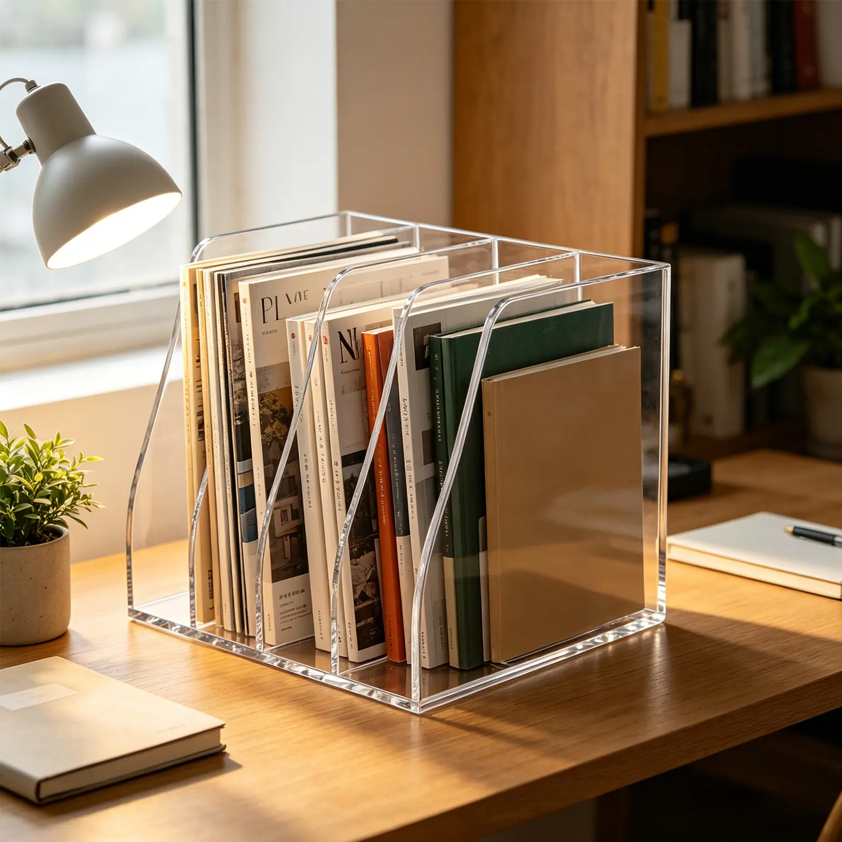 4-Piece Clear Acrylic Desktop Organizer Rack - 4-Slot Office Storage Shelf for Books, Magazines, Folders, Mail, Notebooks, Modern Commercial Office Furniture Display