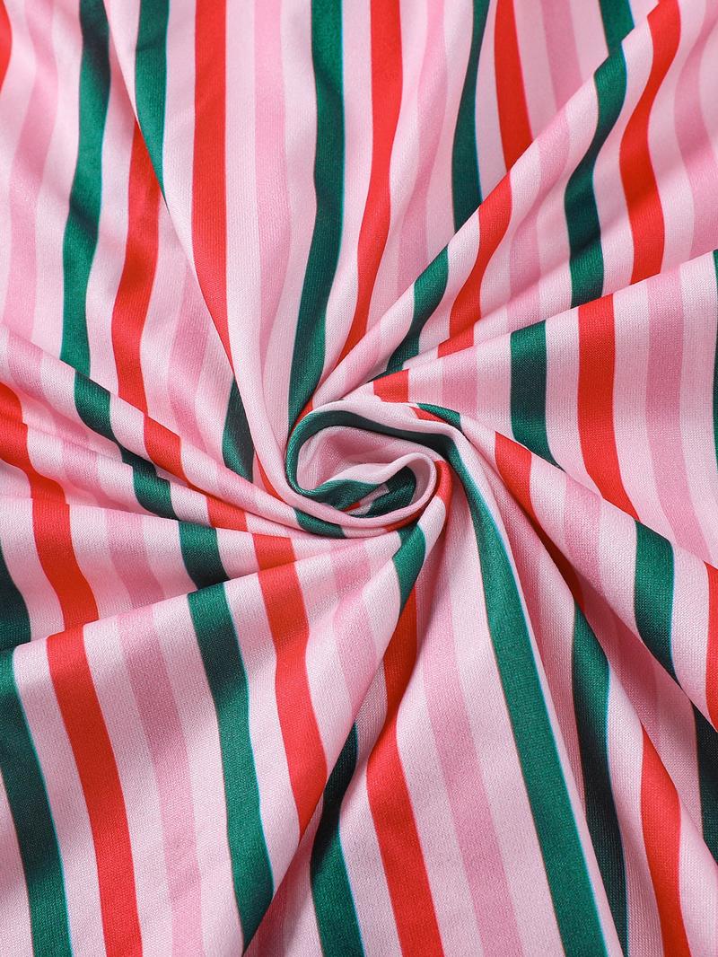 2-piece set full of pink, white, green, and red striped printed long sleeved pants, soft, comfortable, skin friendly, smooth top, small pocket, button closure, elastic waistband, suitable for all seasons home, casual wear, pajamas, Loungewear