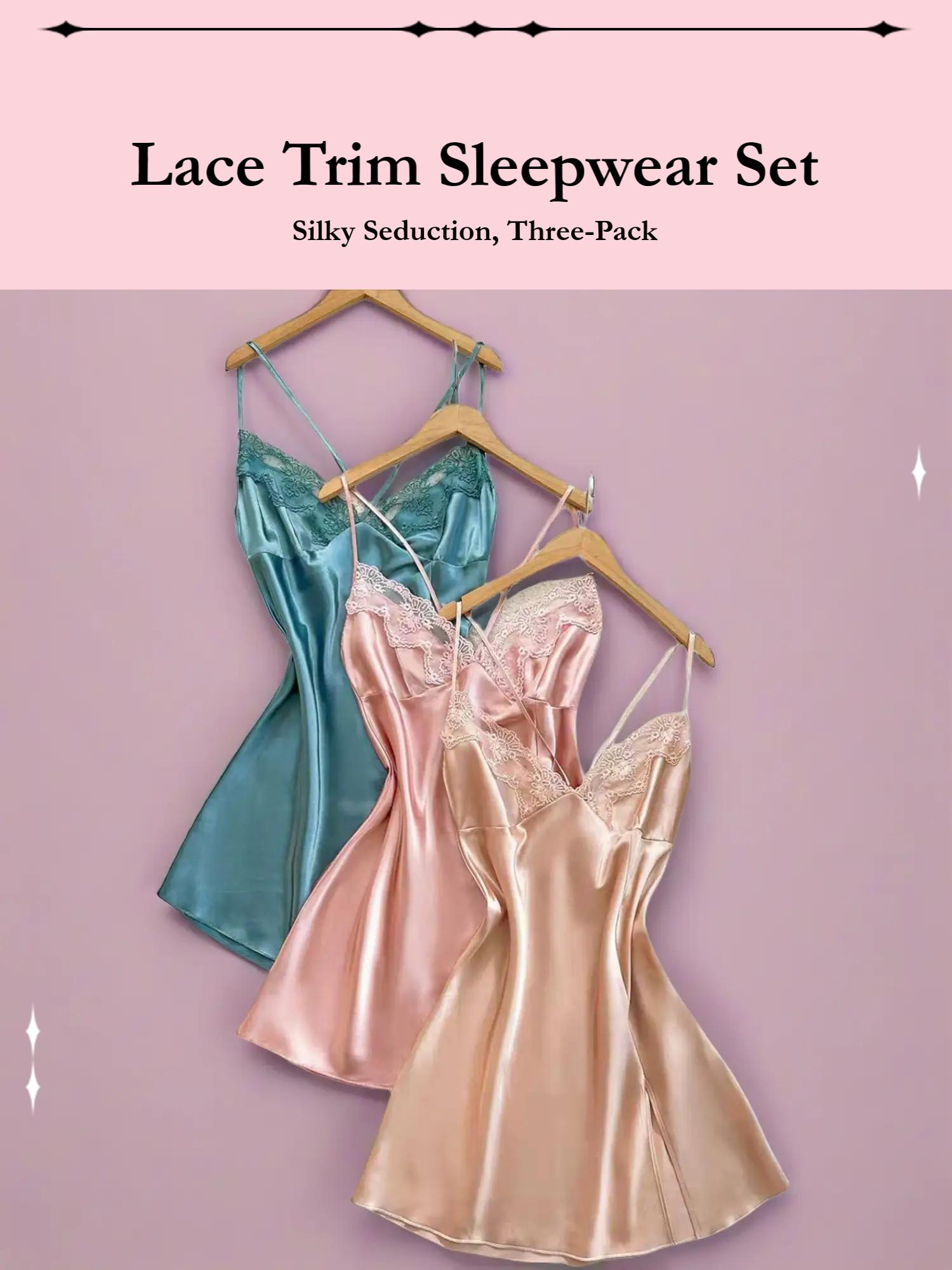 Women's Embroidered Lace Trim Sexy Sleeveless Sleepwear Set, Silky Tempting Three-Piece Nightgown, Comfortable Fashion Sleeping Clothes