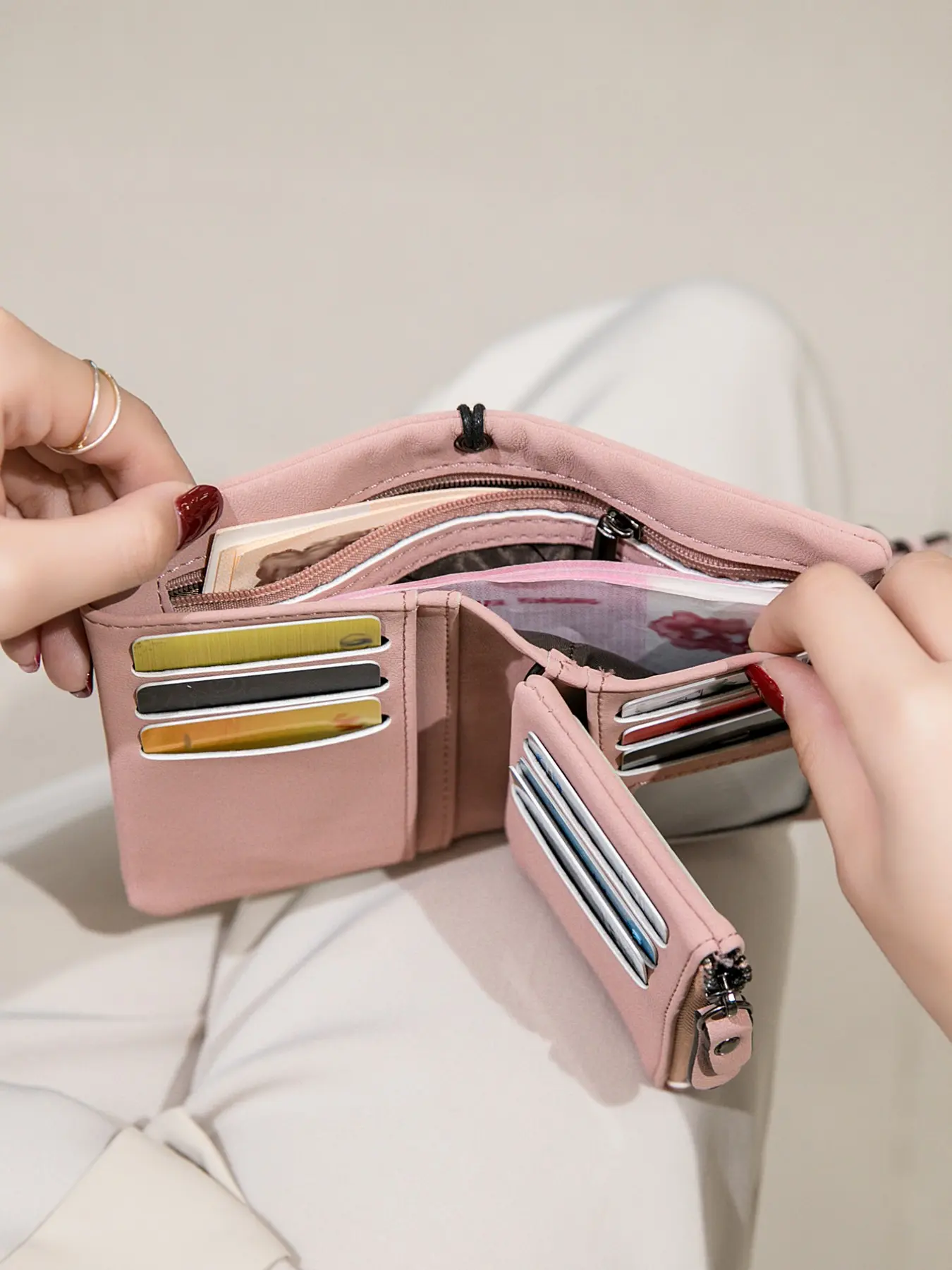Ladies' Three Fold Wallet, Multifunctional Wallet, Multiple Card Slots With ID Windows, Zippered Coin Pocket, Snap Closure, Wrist Strap With Hand-Held Bag, Suitable For Daily Portable Use, Ideal Gift, Christmas Gift, Valentine's Day Gift