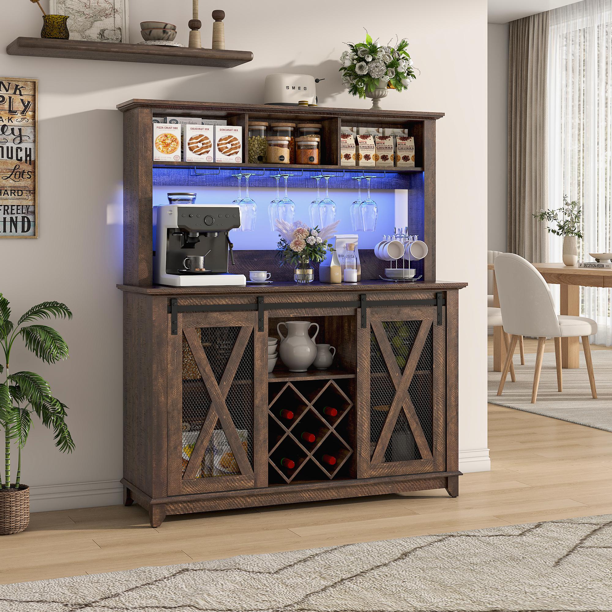 63"W/47"W/31.5"W Farmhouse Coffee Bar Cabinet with LED Light,Wine Bar Cabinet w/ Tier Storage Hutch,Kitchen Buffet Cabinet w/Sliding Barn Door & Wine and Glass Racks for Kitchen Dining Room(Brown/Antique White/Dark Rustic Oak)
