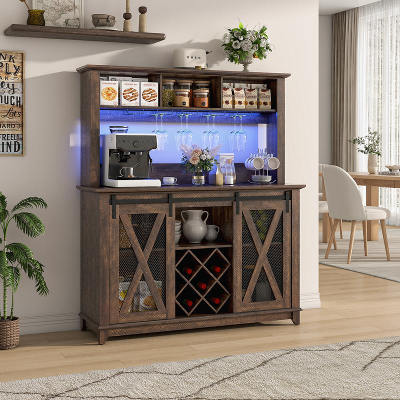 63"W/47"W/31.5"W Farmhouse Coffee Bar Cabinet with LED Light,Wine Bar Cabinet w/ Tier Storage Hutch,Kitchen Buffet Cabinet w/Sliding Barn Door & Wine and Glass Racks for Kitchen Dining Room(Brown/Antique White/Dark Rustic Oak)