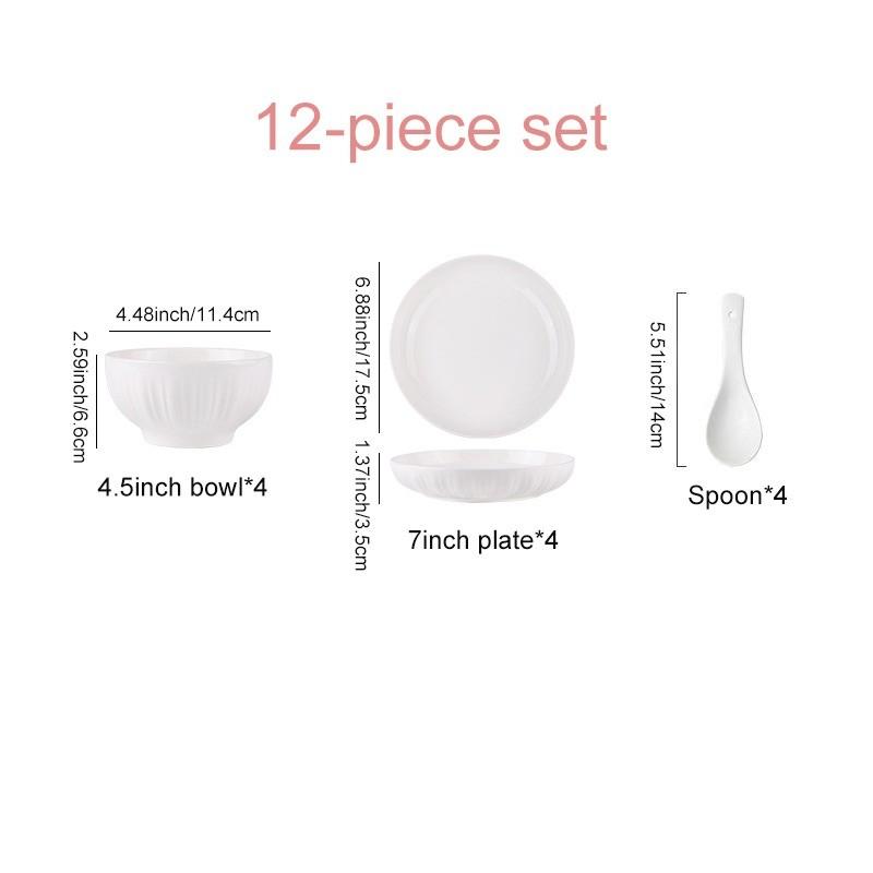 12pcs Ceramic Dinnerware Set, 4 Bowls 4 Plates 4 Spoons, Complete Tableware Set, Dishwasher & Microwave Safe, Home Daily Use