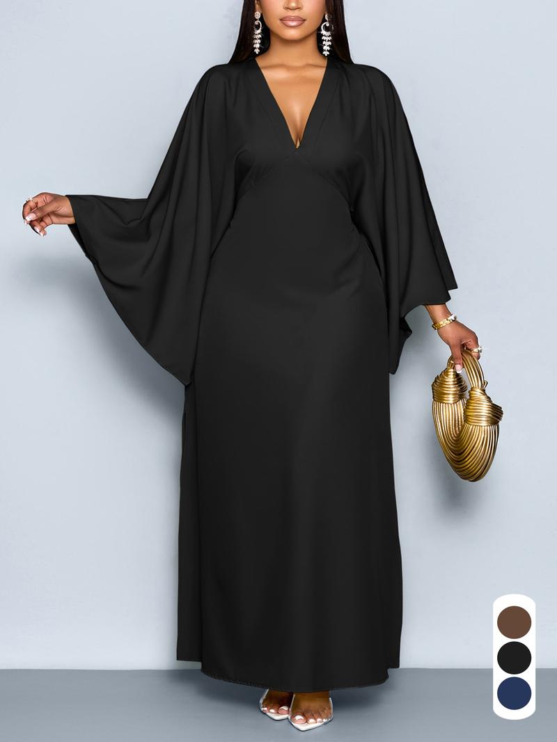 Women's Elegant Fall Casual Loose-Fit Dress, Deep V-Neck Long Sleeve High-Waisted Split Hem, Plus Size Woven Fabric