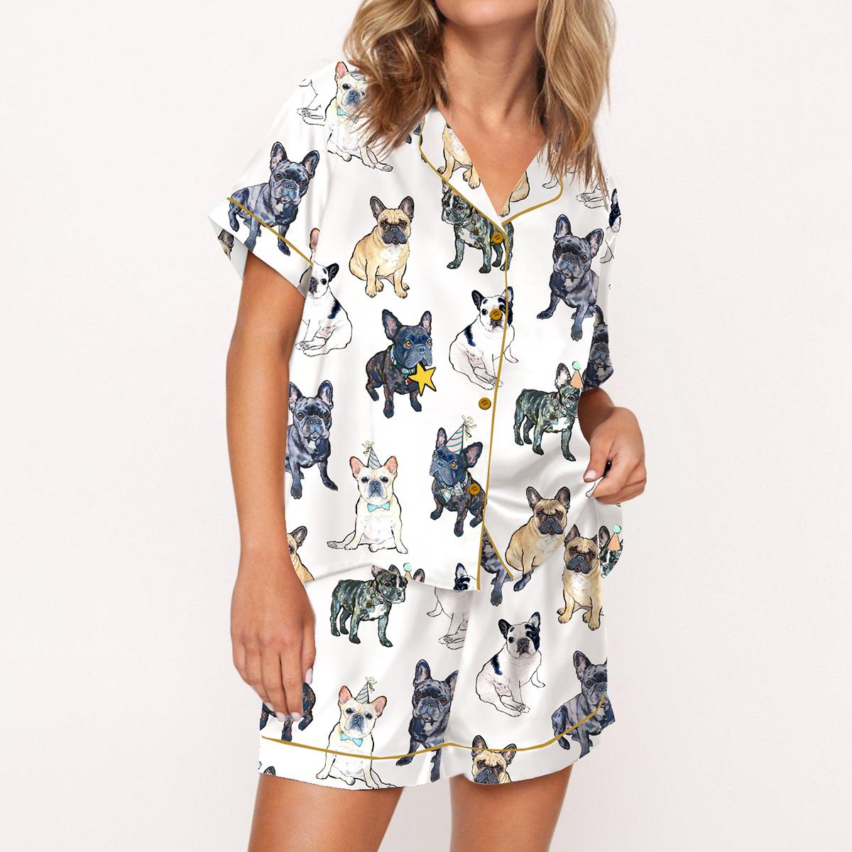 Puppies and Kitties Animals Pajama Set For Women Print Comfy Satin Sleepwear & Loungewear Pjs Printing Silky Short Sleeve Top & Shorts - SHESHOW