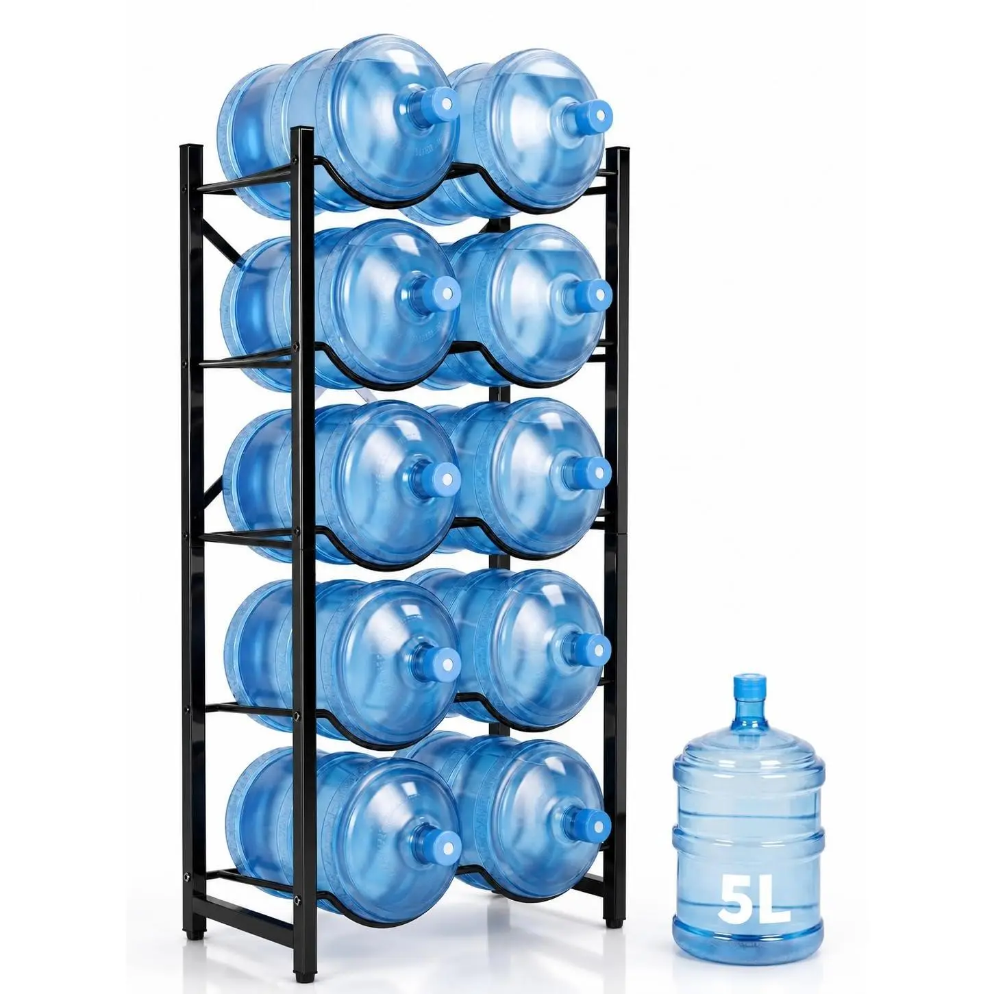 Heavy-Duty 5 Gallon Water Bottle Rack, 10-Bottle 5-Tier Double Row Detachable Jug Storage Stand for Water Cooler Bottles, Space-Saving Organizer for Office Kitchen Garage, Black/Silver