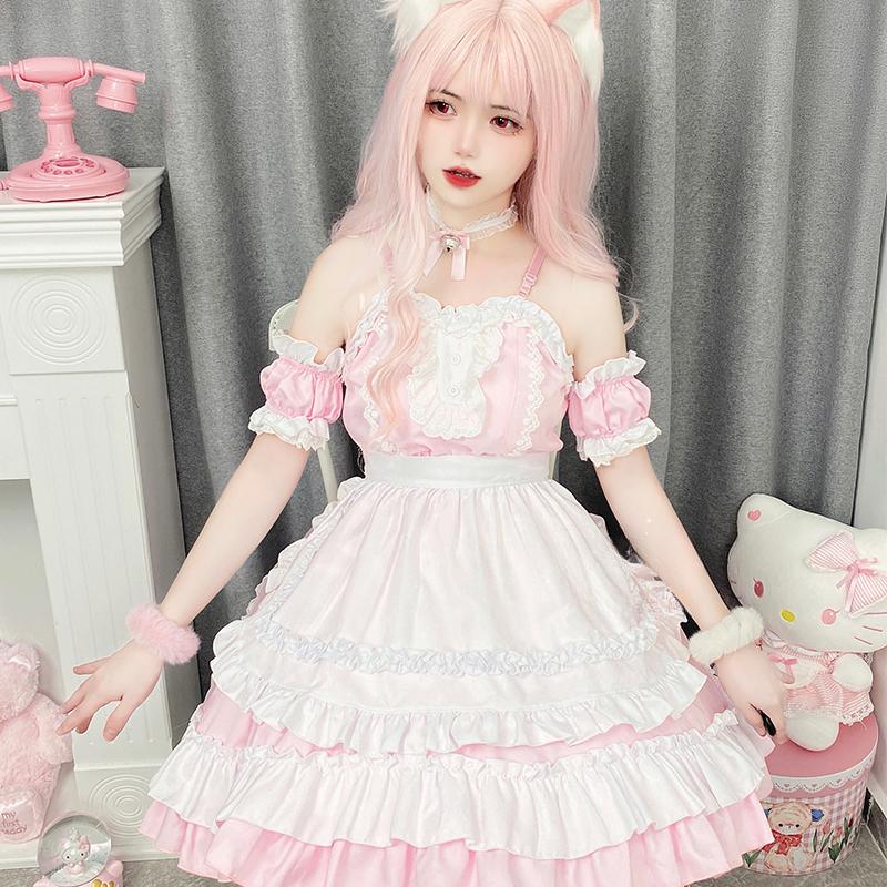 Japanese Sweet Lolita Dress Anime Cat Girl Plus Size Maid Halloween Cosplay Costume Pink Ruffles Kawaii Princess Party Dresses