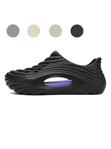 Men's Black-Purple Color Block Wave Pattern Clogs, Breathable Hollow, Anti-Slip Wear-Resistant, Soft Thick Sole, Daily Commute, Street Outings, Walking Shoes Footwear, Casual Clogs