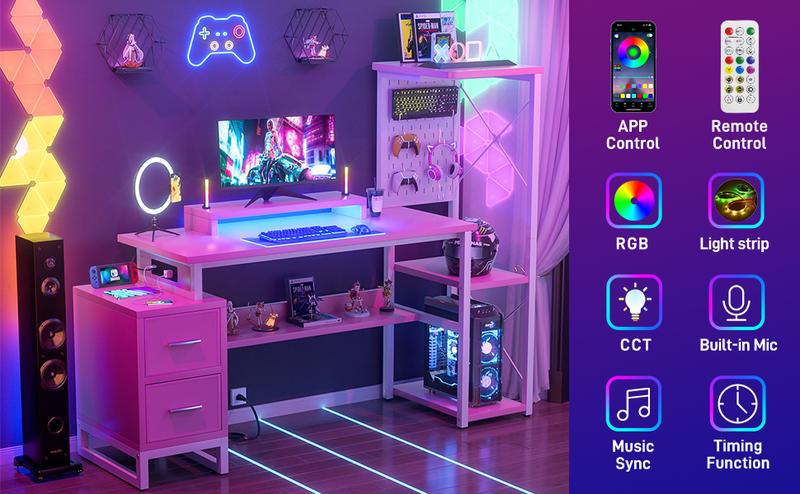 L Shaped Gaming Desk with Power Outlets & LED Lights, Small L- Shaped Desk Computer Corner Desk with Monitor Stand & Storage Shelf,