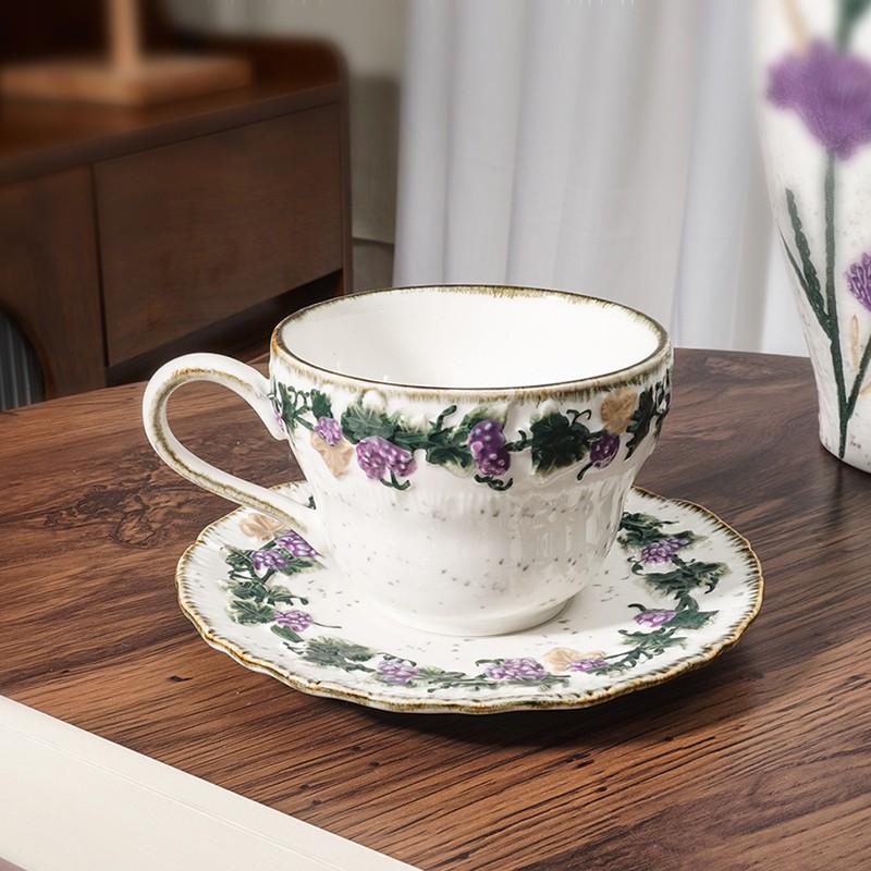 Gift for her Handmade ceramic coffee cup & saucer set  Vintage Romantic 🍇 Embossed Grape Cappuccino cup Set, Glazed Ceramic Breakfast Mug Aesthetic ☕ 🥐 🍰 , Water Cup, Afternoon Tea Coffee mug with saucer  💜