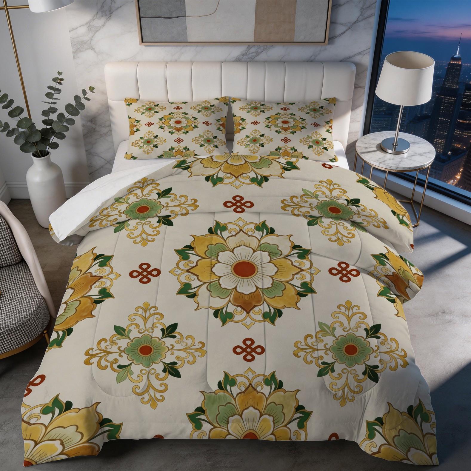 2/3 Piece Vintage Floral Mandala Comforter Set, HD Digital Printed Quilt, Soft Plush Bedding Set (Pillowcases No Inserts), U-Stitched All-Season Bed Comforter for Bedroom