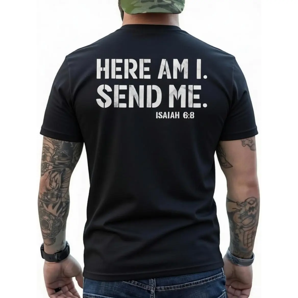 Men's "Here Am I Send Me" Faith Graphic Tshirt - Christian Bible Verse Isaiah 6-8 Short Sleeve Round Neck Casual Top, Father's Day Gift for Dad, Streetwear Crewneck, Seamless, Shortsleeve, Cotton, Fabric