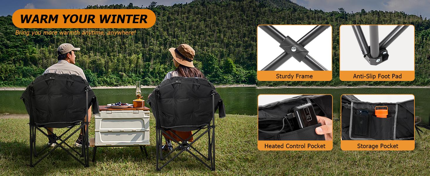 SLSY 2 Pack Oversized Heated Camping Chair with 3 Heat Levels, Portable Folding Heated Chair Round Moon Saucer Folding Lawn Chair for Outdoor Camping Lounge Patio 【Battery not included】