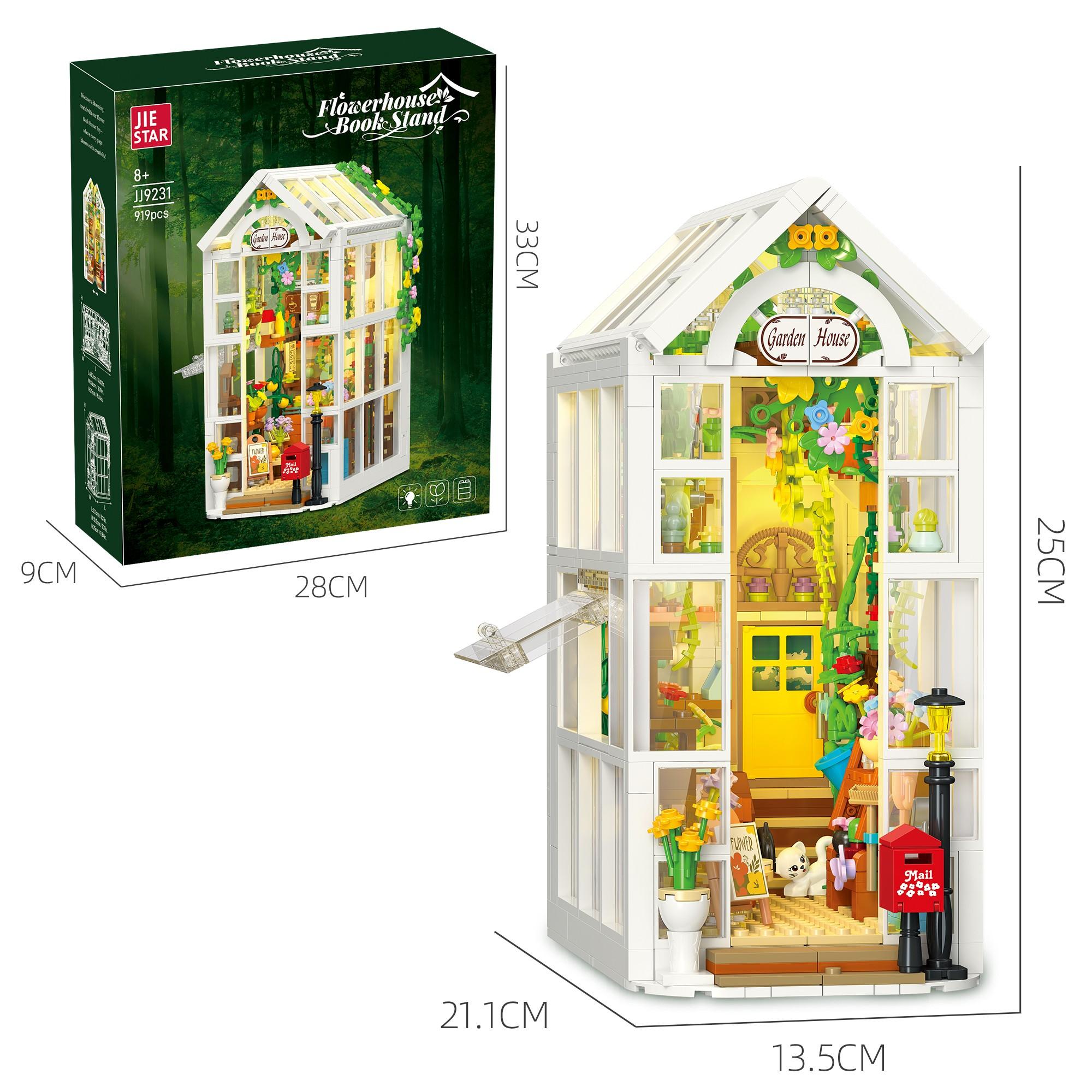 Jx Building Blocks Flower House Greenhouse Book Stand, Miniature Lighted Home Desktop Decor, Kids DIY Craft Toy (with Lights, 919pcs)