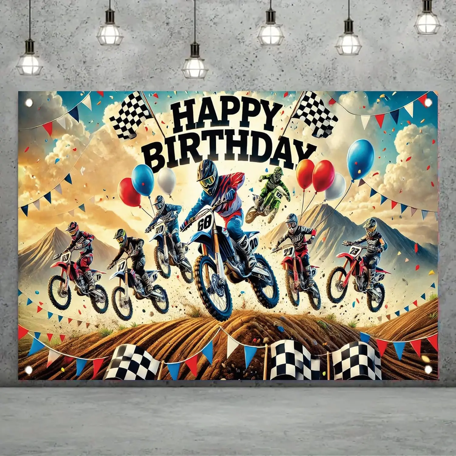Motocross Racing Happy Birthday Backdrop Banner Dirt Bike Photography Background Racing Party Decorations Photo Booth Supplies 71x43 Inch