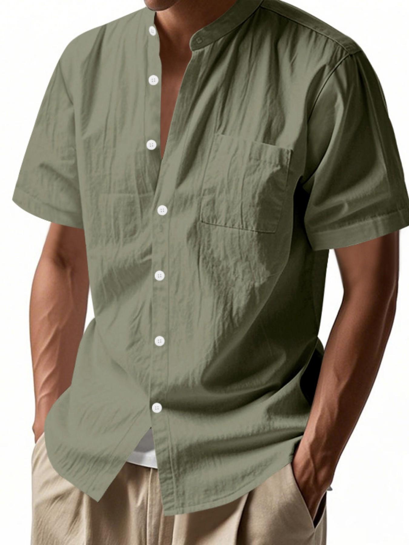 Men's Stand Collar Short Sleeve Shirt, Textured Half Button Front Chest Pocket Top, Breathable Casual Business Versatile Blouse