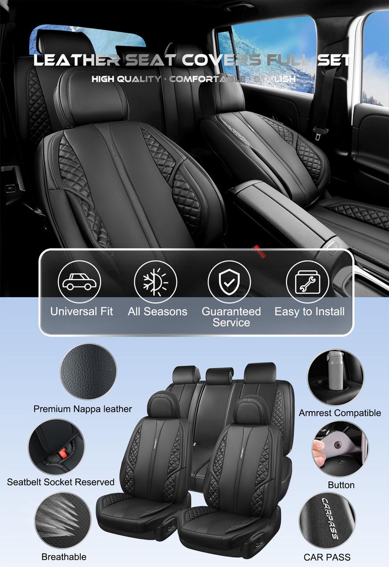 CAR PASS Nappa PU Leather Car Seat Cushions Full Set Waterproof Protector Durable Cushioned,Fit for Sedan SUV Pick-up Truck,Automotive, Anti-Slip Car Seat Covers