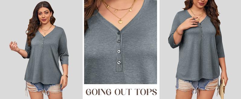 【L-5XL】 Imily Bela Curve Womens Plus Size Tops V Neck 3/4 Sleeve Casual T-Shirts Loose Basic Tunic Tees Summer Vneck Minimalist Streetwear